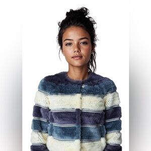 Knitted Mink/Leather Striped Collarless Jacket